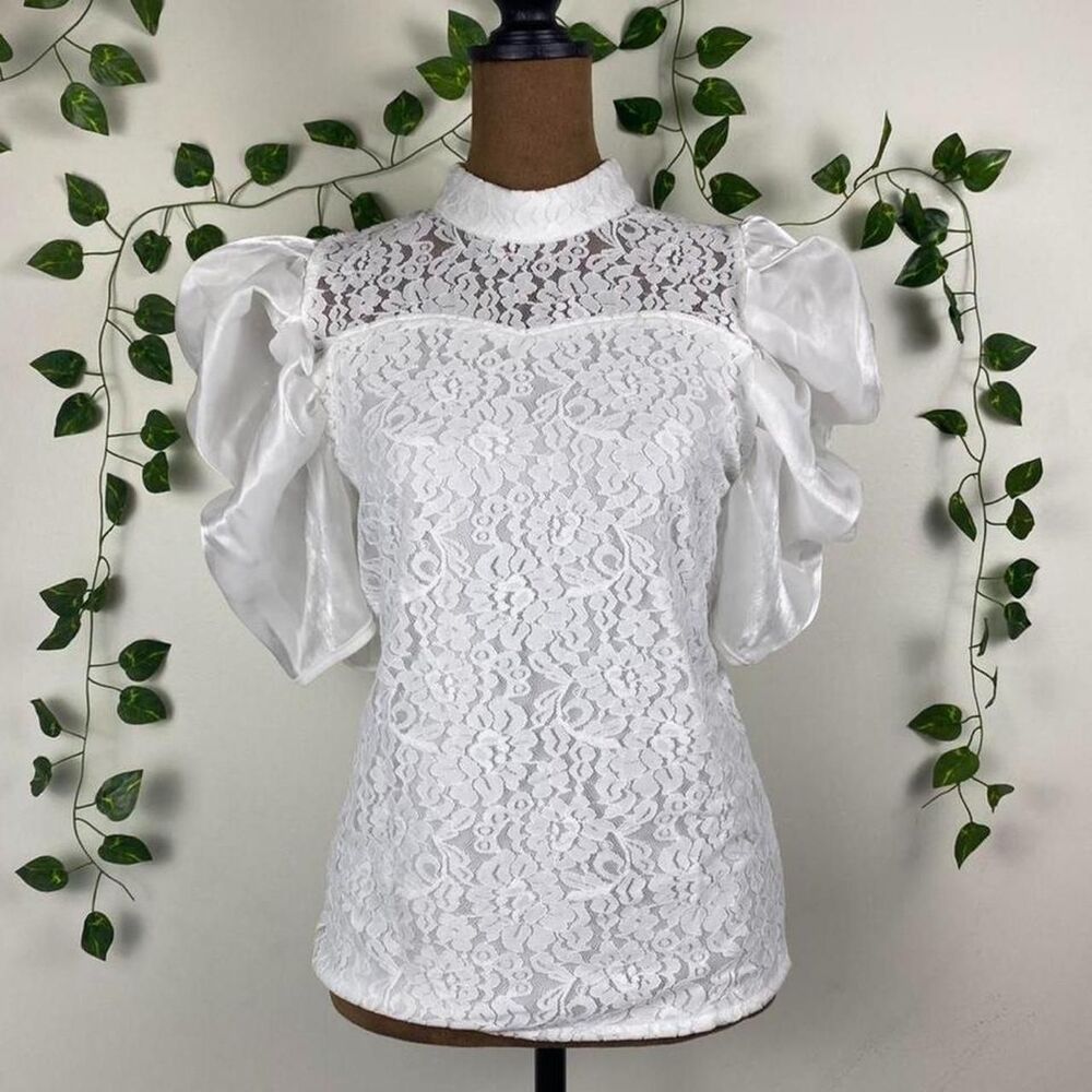 NWT JJ’s Fairyland princess lace puff sleeve blouse white sheer high neck glam